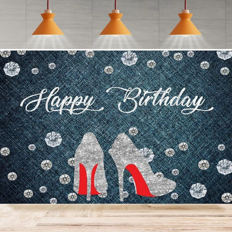 Photography Backdrop Denim Diamonds Happy Birthday Glitter Shiny Crystal Shoes Girl Women Cake Table Party Backdrop Wall Banner