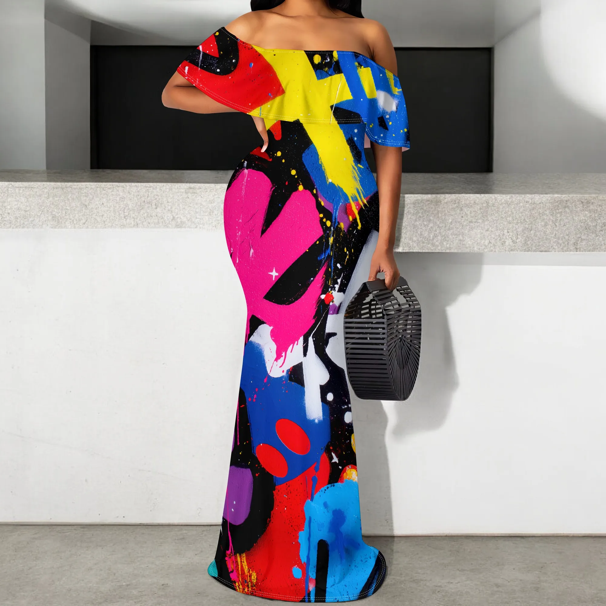 

Graffiti Paint Splash Print Maxi Dress S‑3XL Off Shoulder Bodycon Style for Street Party, Club Night or Art Festival Look