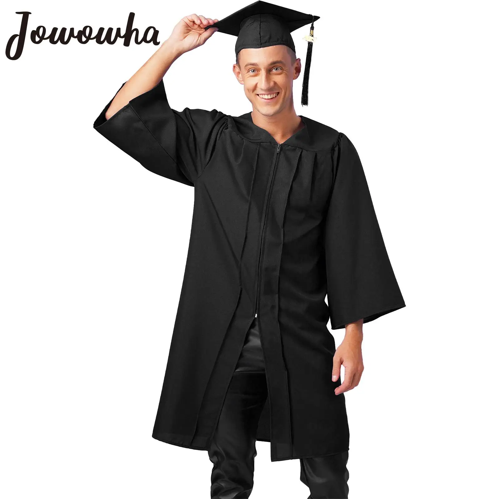 Unisex Adult Graduation Gown Cap Halloween Cosplay School Uniform College Bachelor Costume University Ceremony Front Zipper Robe