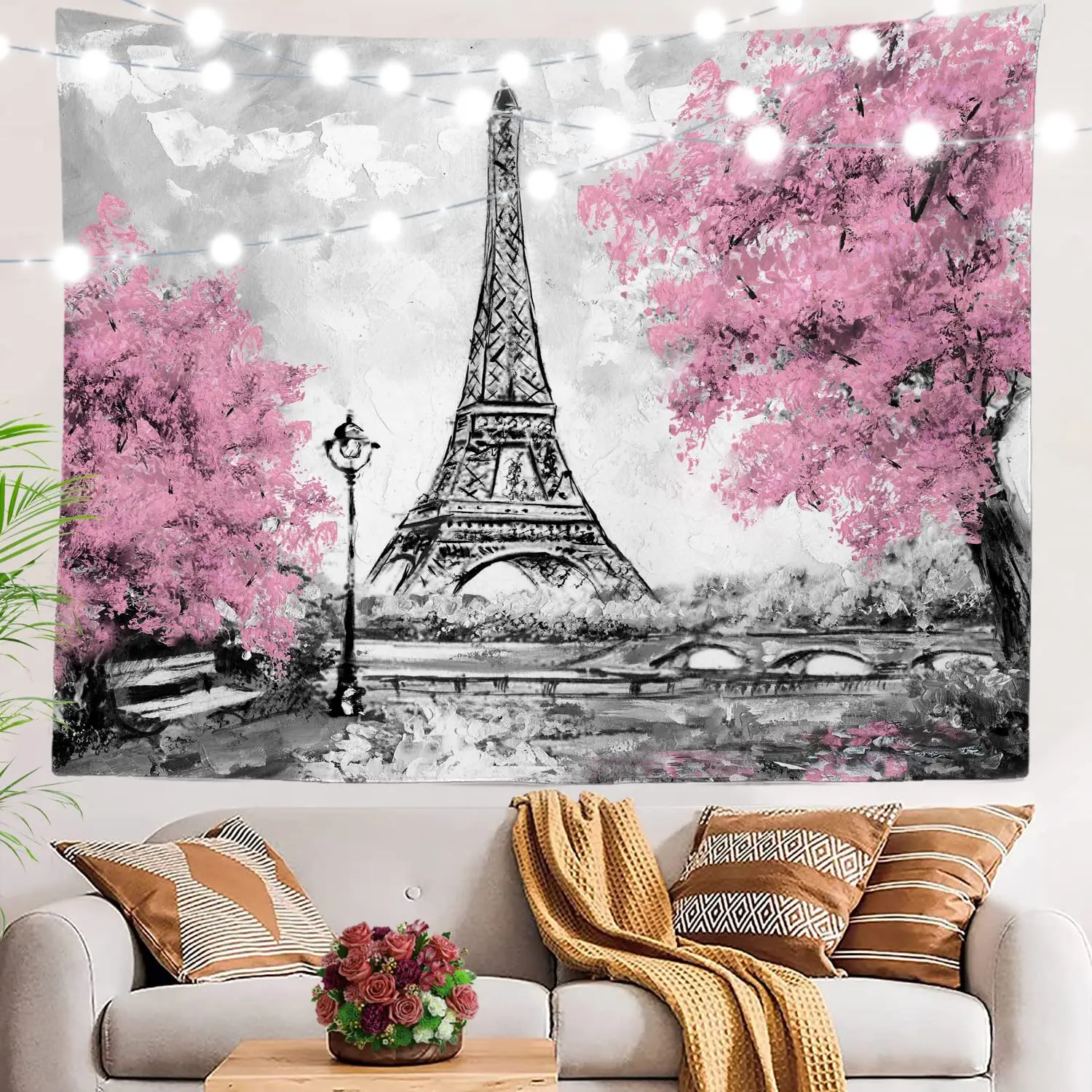 Oil Painting Paris Eiffel Tower Tapestry European City Landscape Wall Hanging Pink Tapestries Living Room Home Wall Decor Cloth