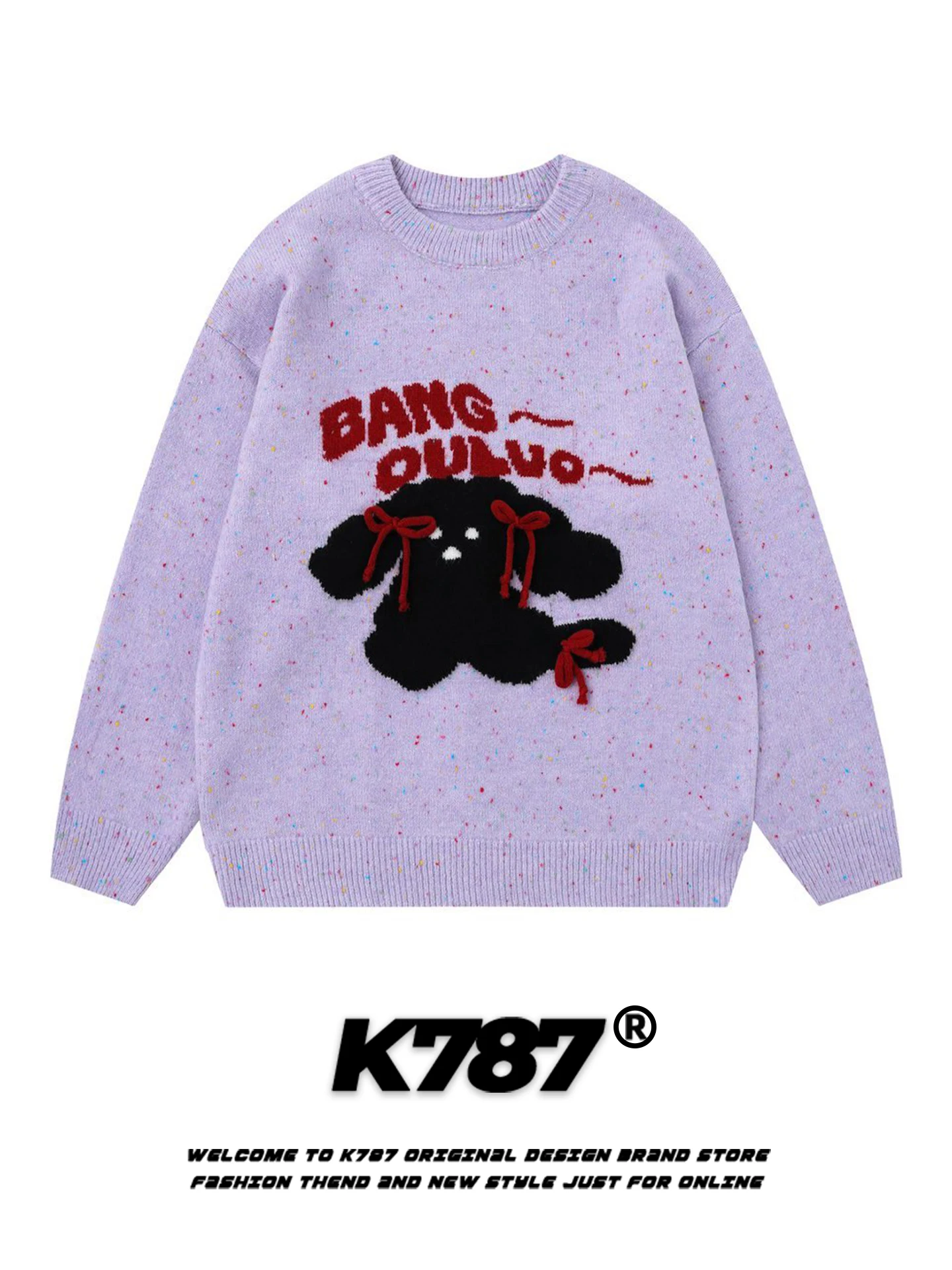 

American Street Sle Fun Dog Pattern Knitted Sweater Women's Loose Casual Lazy Sle round Ne Sweater Autumn Season