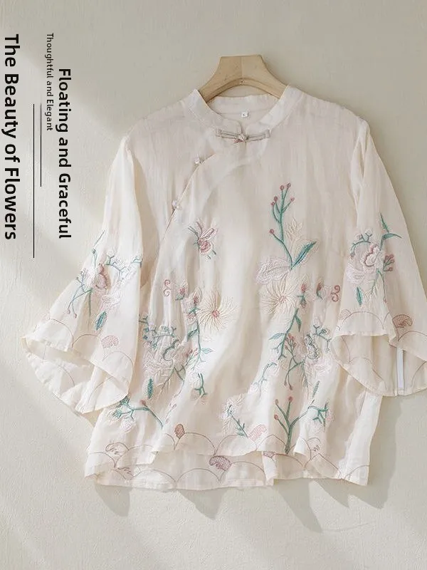 

New Chinese Style Embroidered Cotton Linen Shirt Women Summer 2026 Retro Side Button Stand Collar Linen Top Fashionable Artis...