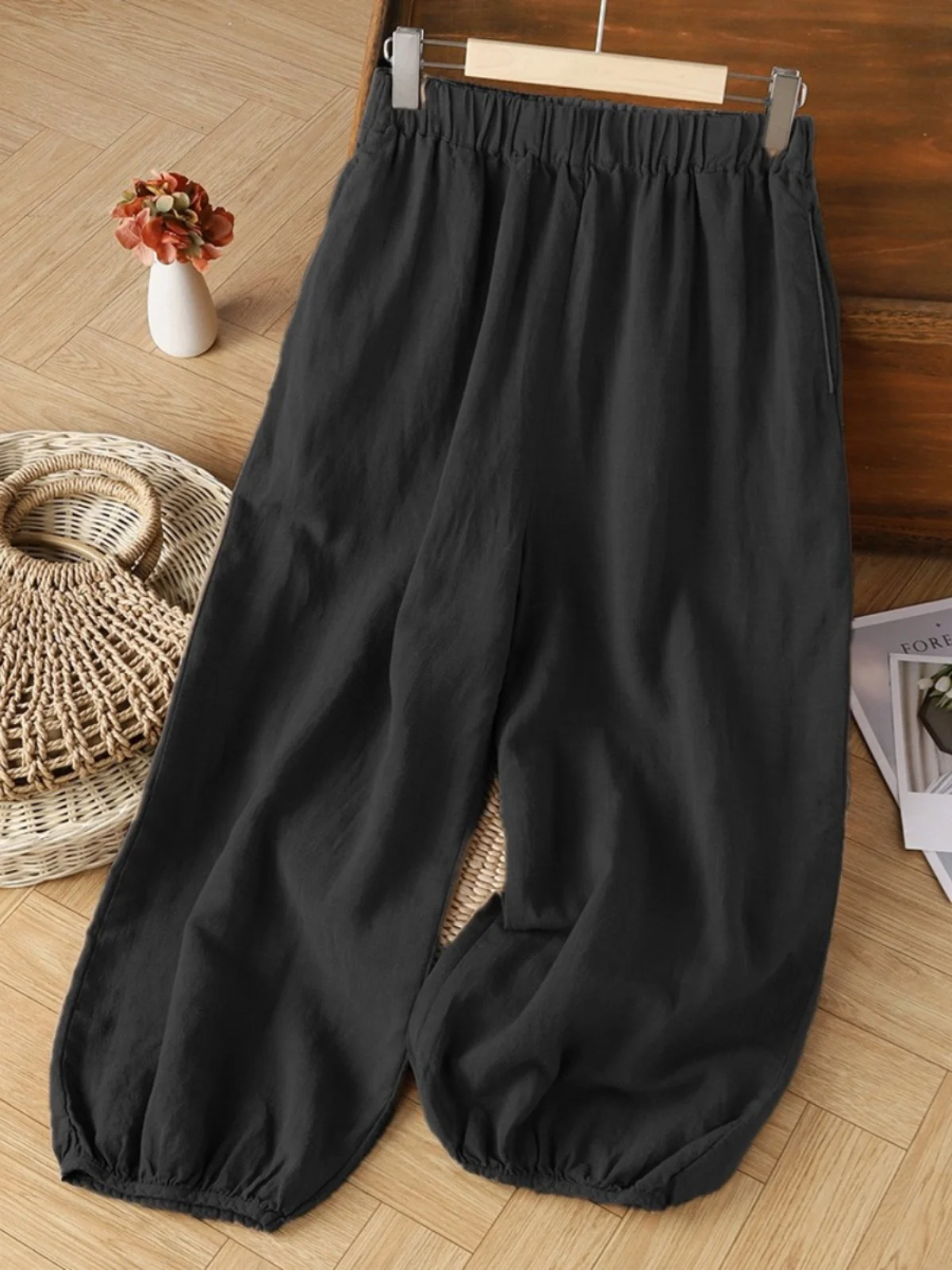 예술적인 빈티지 코튼 린넨 와이드 레그 팬츠 여성 여름 루즈 캐주얼 바지 하이 웨이스트 나인 포인트 출퇴근 슬레