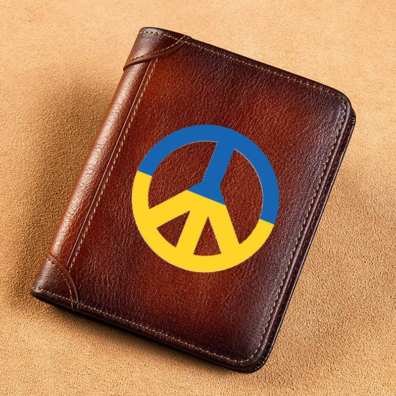 

High Quality Genuine Leather Men Wallets Ukraine Peace Sign Short Card Holder Purse Trifold Men's Wallet BK3830