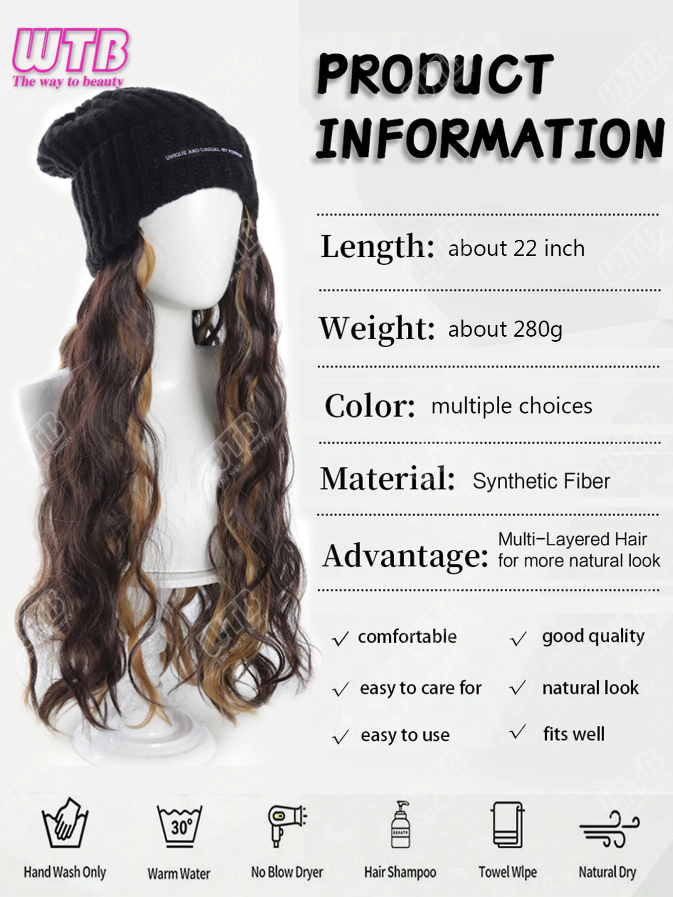 Synthetic Wig Black Hat With Long Curly Hair Extensions; Knitted Hat; Warm Ski Hat For Autumn And Winter