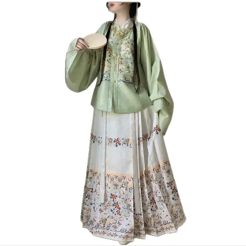 Plus Size 10XL 2pcs Sets Hanfu Horse Face Skirt Women Oversized Daily Chinese Vintage Hanfu Green Shirt+Skirt Christmas Sets