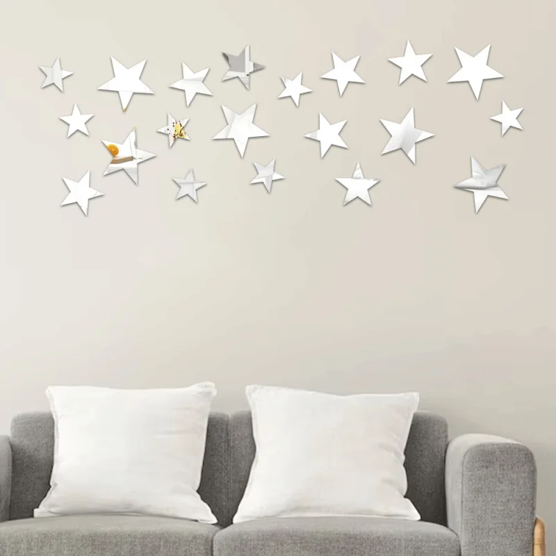 20pcs Silver Mirror Star Wall Stickers, Self-Adhesive Acrylic Wall Decals for Home, Office, Cafe, Restaurant, Shop DIY Decor