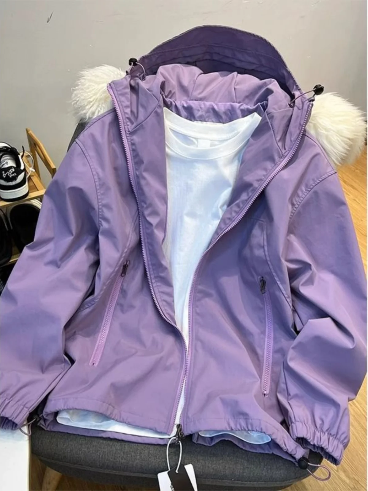 

Purple Hooded Women's Autumn Winter Loose Waterproof Workwear Jacket Retro American Style Fashionable Short Outerwear