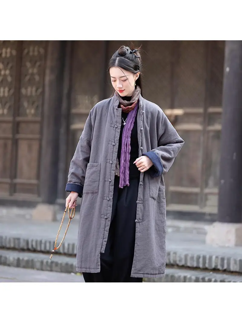 

Retro Chinese Style Long Cotton Jacket Women's Zen Style Sand Washed Cotton Liner Thickened Cotton Linen Button up Coat