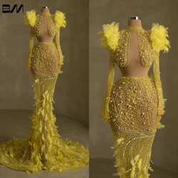 Yellow Luxury Feathered Party Dress Beaded Pearls Halter Neck Prom Dresses Women Party Gown Vestidos Prom 2023 Vestidos De Noche