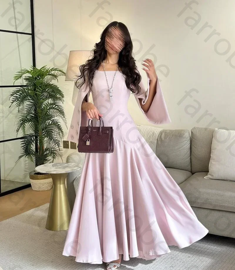 فساتين سهرة أنيقة مخصصة من الساتان بطول الكاحل وياقة مربعة على شكل حرف A فساتين حفلات مع مطرز بالخرز مناسبة رسمية للنساء #1