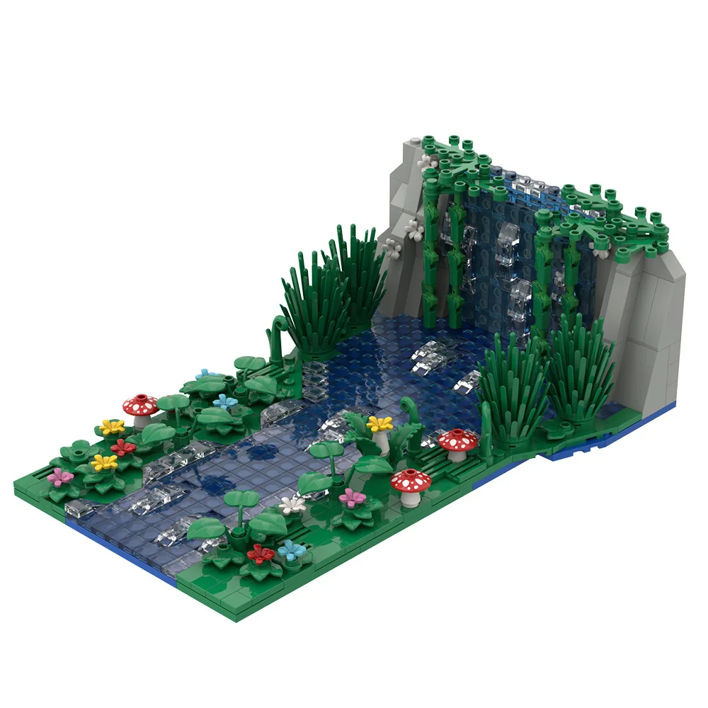 MOC Cascata Stagno Fiori Erba Pianta Rockery Scenza Modello Kit Building Blocks Piccole Particelle Assemblaggio Giocattolo Regalo per Ragazzo Ragazza