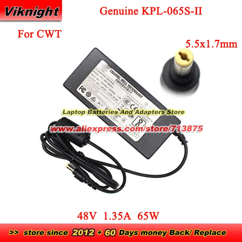 

Genuine for CWT KPL-065S-II AC Adapter 48V 1.35A 65W for Hikvision video recorder DS-7604NI-K1/4P(B) DS-7604NI-Q1/4P 5.5x1.7mm