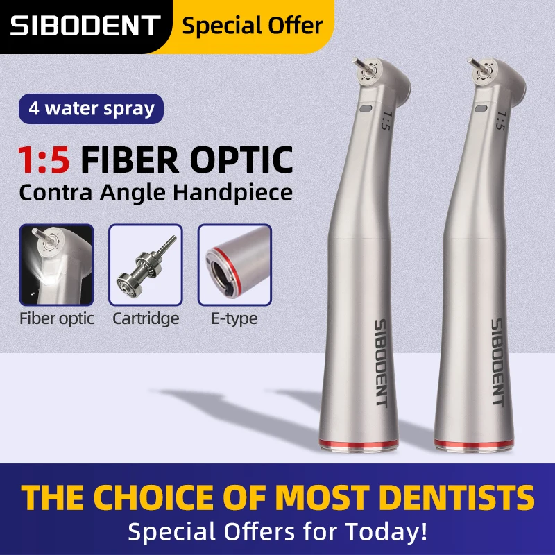 Dental 1:5 Fiber Optic LED Contra Angle Red Ring Handpiece Ceramic Bearing Internal 4 Way Spray Push Button Dentistry Tools