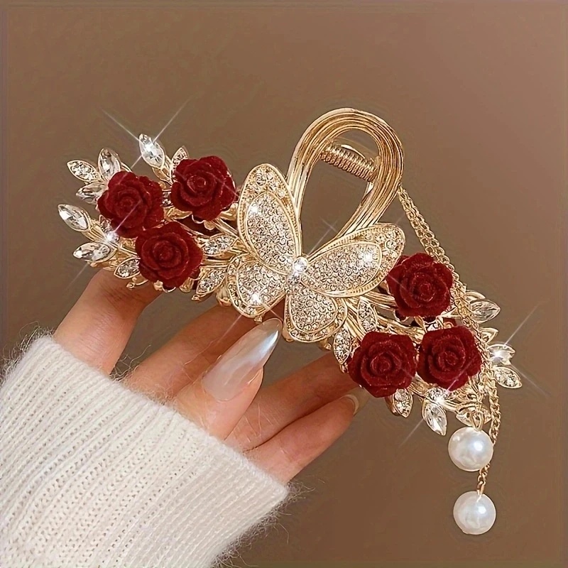 1pc zinc alloy rhinestone red rose hair ornament, retro high-end light luxury headwear, large elegant grab clip on the back of t