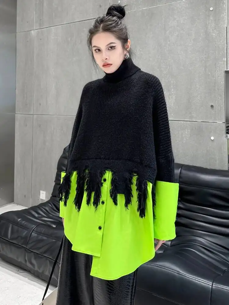 

Black Tassels Big Size Knitting Sweater Turtleneck Long Sleeve Women Pullovers New Fashion Tide Spring Autumn