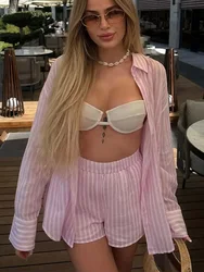 HH Woman Fashion Chic Suits Stripe Turn Down Collar Long Sleeves Single-Breasted Shirts+High Waist Shorts Female Set TRAF