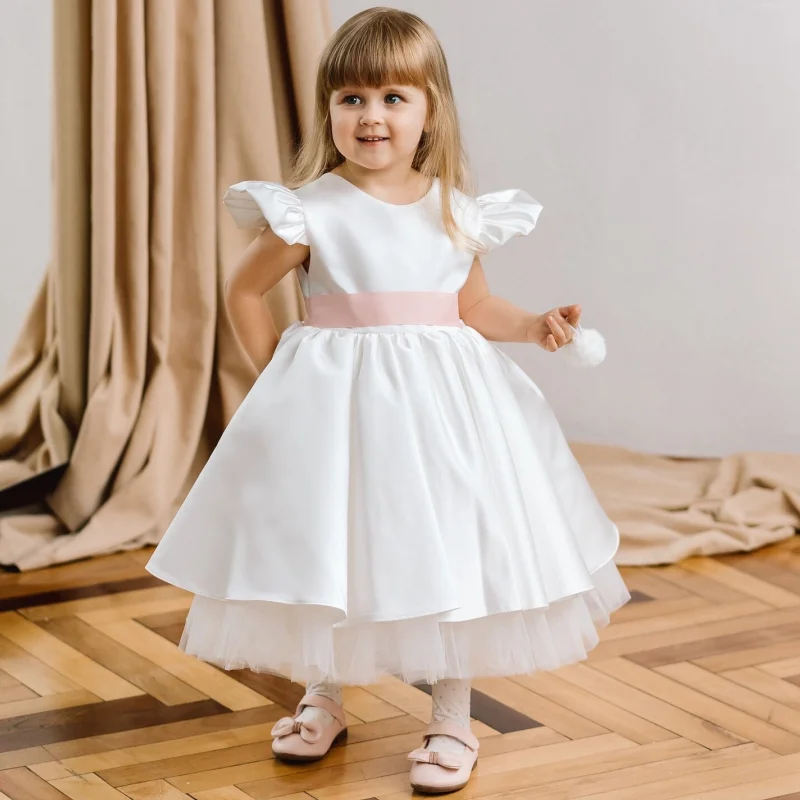 

White Flower Girl Dresses Tulle Satin With Pink Ribbon Short Sleeve For Wedding Birthday Party Holy Communion Gowns