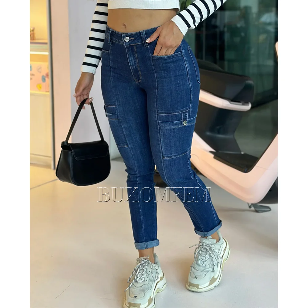 Pocket Skinny Jeans Vintage Stylish Compressing High Waisted Leggings Straight Leg Wrap Hips Casual Daily Blue Trousers 2024