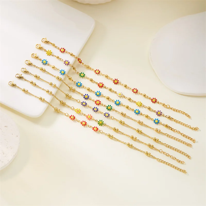 New Trendy Daisy Bracelet for Women Stainless Steel Exquisite Flower Beaded Metal Chain Bangle Girl Party Wedding Jewelry Gifts