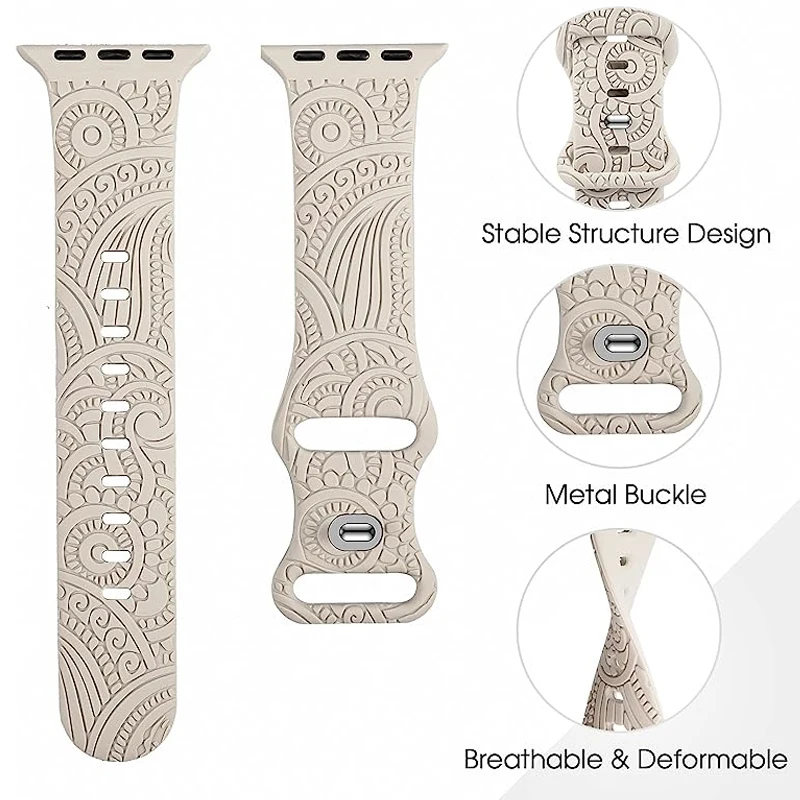 Engraved Band for Apple Watch 44MM 49mm 40mm 41/45mm 38/42mm Floral Silicone Sport Strap for IWatch Series Ultra 8 7 6 SE 5 4 3