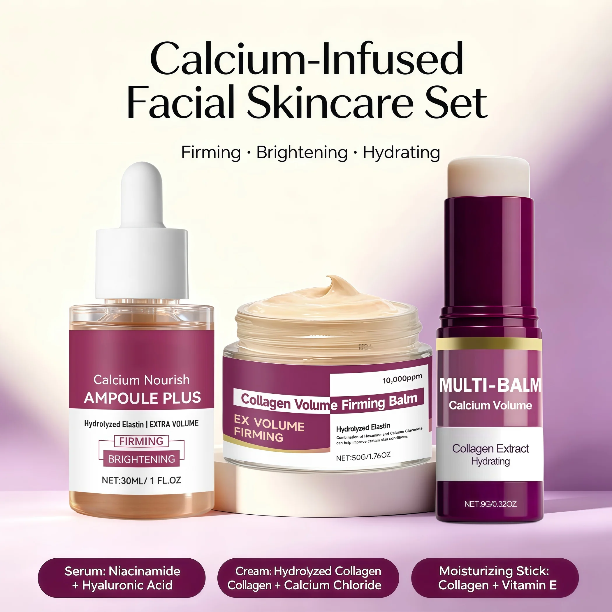 Korean Calcium Collagen Skincare Set Niacinamide Hyaluronic Acid Firming Serum Hydrolyzed Collagen Face Cream Portable Moisture Multi Balm Stick Anti Aging Brightening Wrinkle Care Deep Hydration Plumping Barrier Repair Facial Skin Care Kit 3pcs