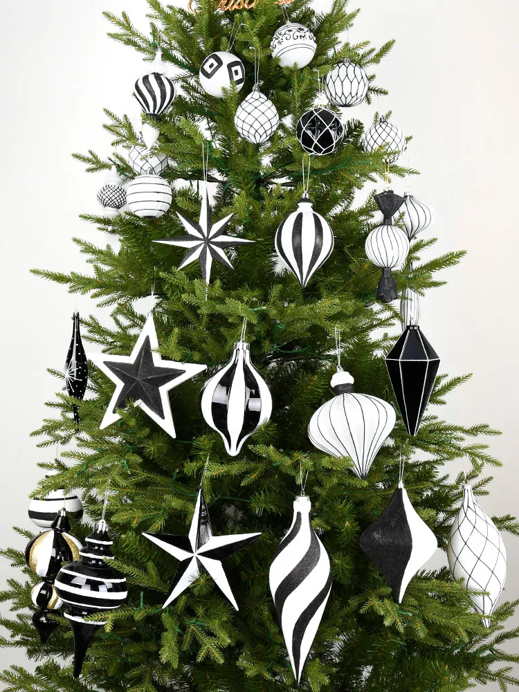 Christmas decoration black and white with hand painted plastic balls