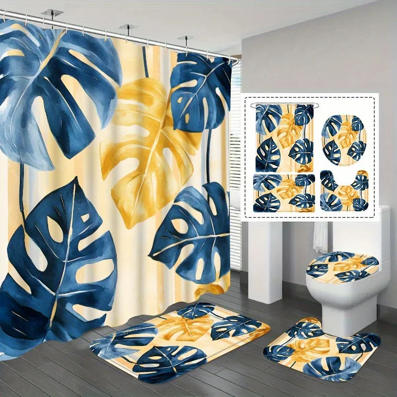 4pc Blue and yellow leaf pattern bathroom set, U-shaped mat, non-slip mat, toilet seat cover, shower curtain