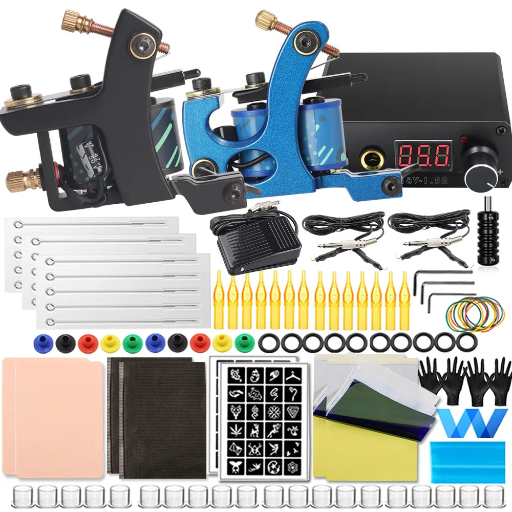 

Complete Coils Tattoo Kit Liner Shader Coil Machines Set with Power Supply Inks Pigment Tattoo Needles Tattoo Beginner Set