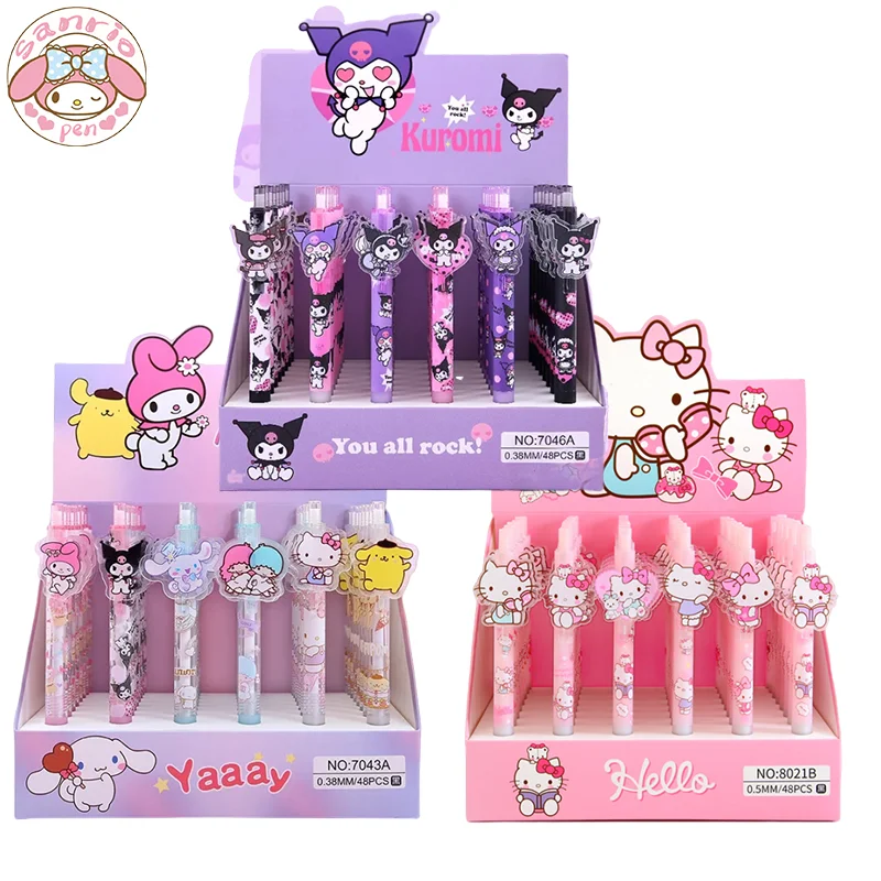 Sanrio 48pcs New Cartoon Paster Gel Pen Kuromi Pochacco Cinnamoroll Girls Cute Pens Student School Supplies 0.5 Black Exam Gifts