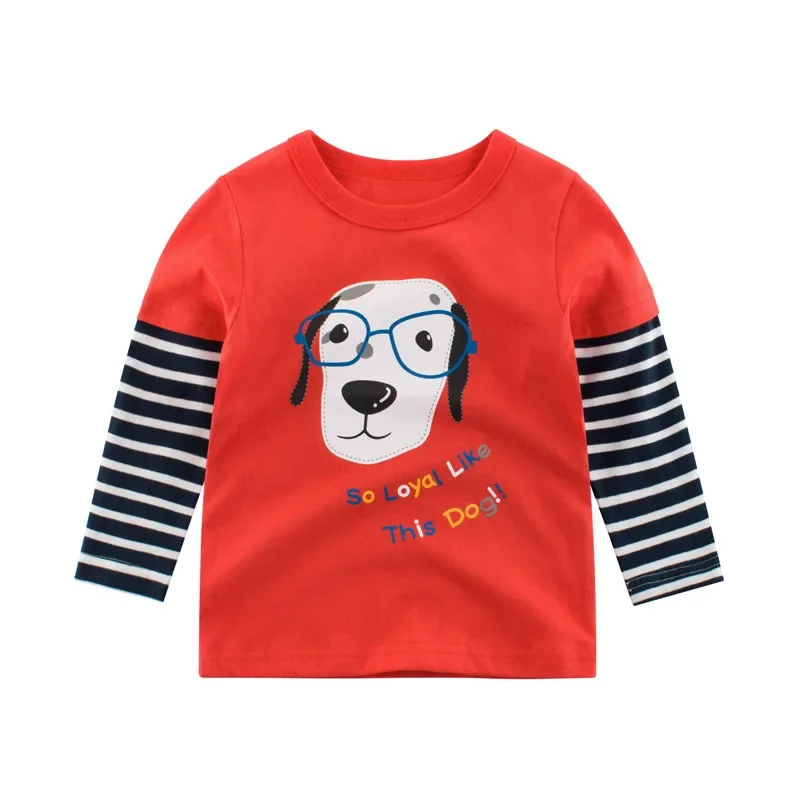 2024 Children's Clothing Autumn New Boys Long Sleeve Cotton T-shirt Cartoon Animal Dog Kids Clothes Fake Two Boy Top 2-9Y