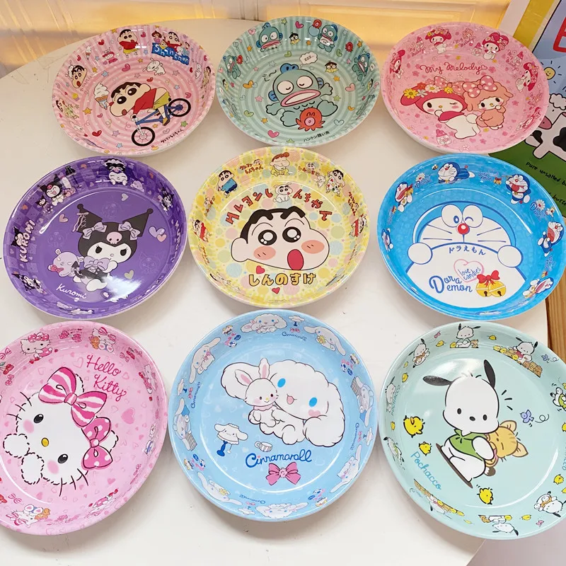 Plato de Anime Sanrio de 20cm, plato de Hellokitty Melody Kuromi, plato de fruta redondo bonito de dibujos animados, plato de melamina, vajilla de cocina