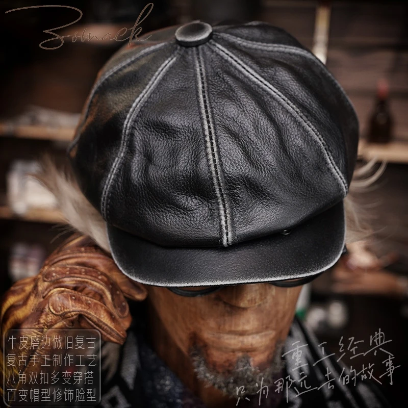 Handmade Leather Octagonal Cap  Cowhide Newsboy Men's Beret Hair Stylist Hat Fashion Retro British Personalized Japanese Style