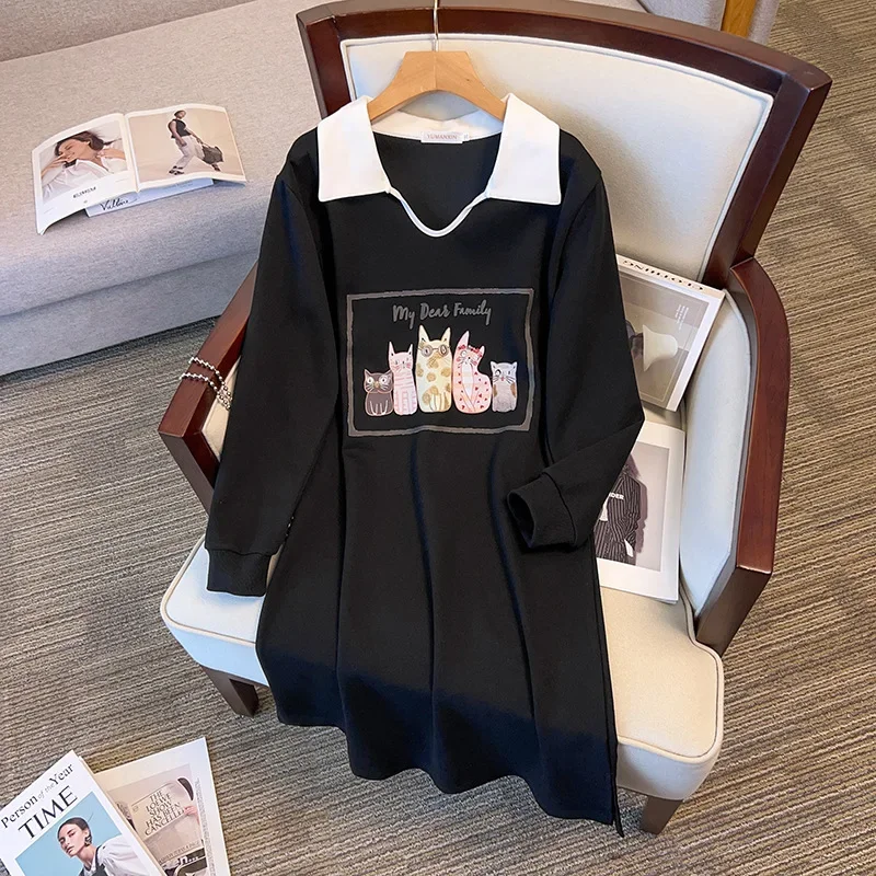 100/150/175kg Oversize Women Clothing Bust 150/160cm  Loose Fitting Mid Length Sweatshirt Dress V-neck Show Thin Women Pullovers