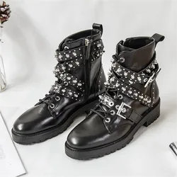 Punk Style Women Ankle Boots Rivets Studded Thick Sole Shoes Woman Black Genuine Leather Short Booties Casual Knight Botas Mujer