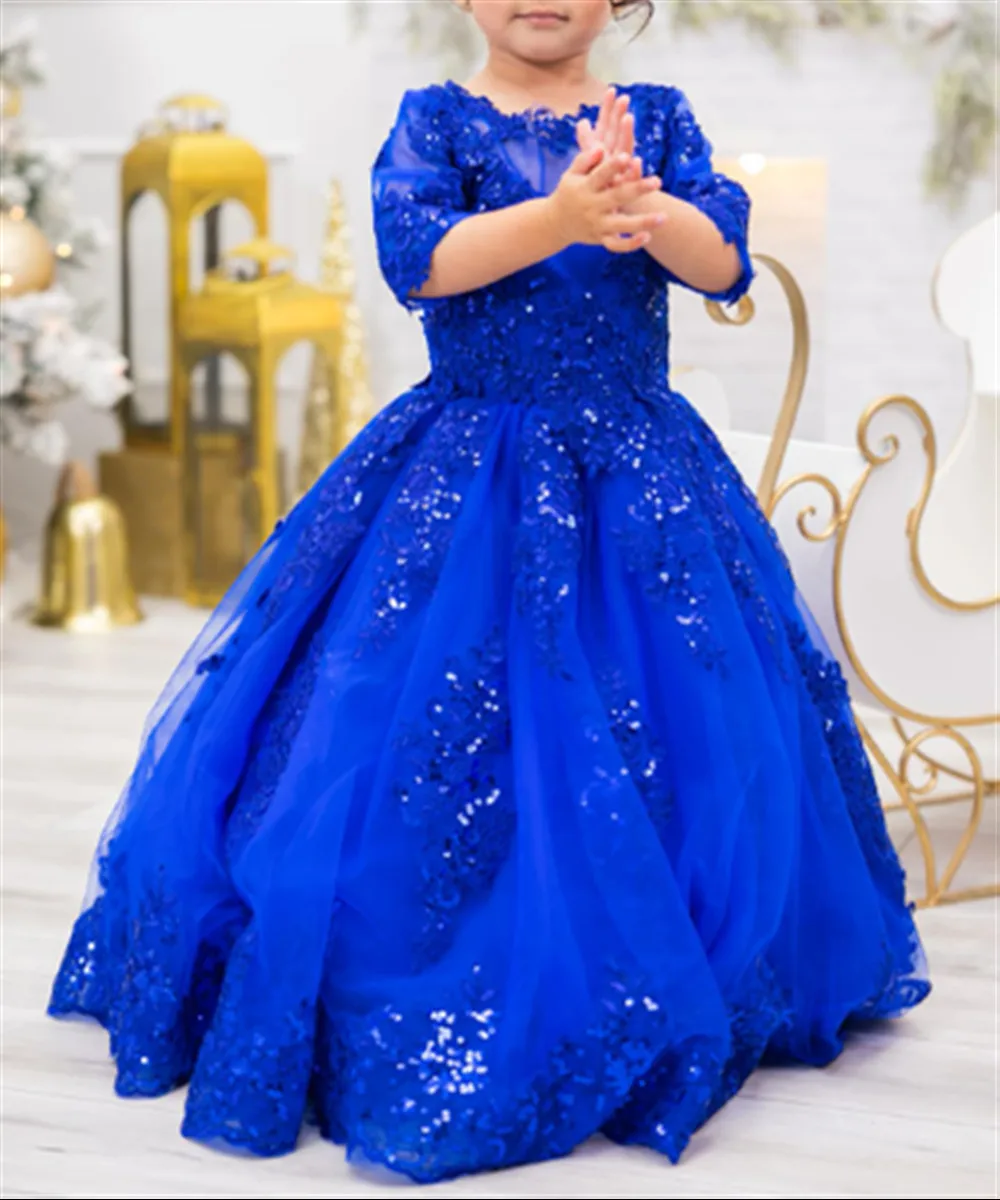 

Customized Luxury Flower Girl Pageant Gown for Wedding Lace Appliques Bow Princess Kids Birthday Party First Communion Ball Gown