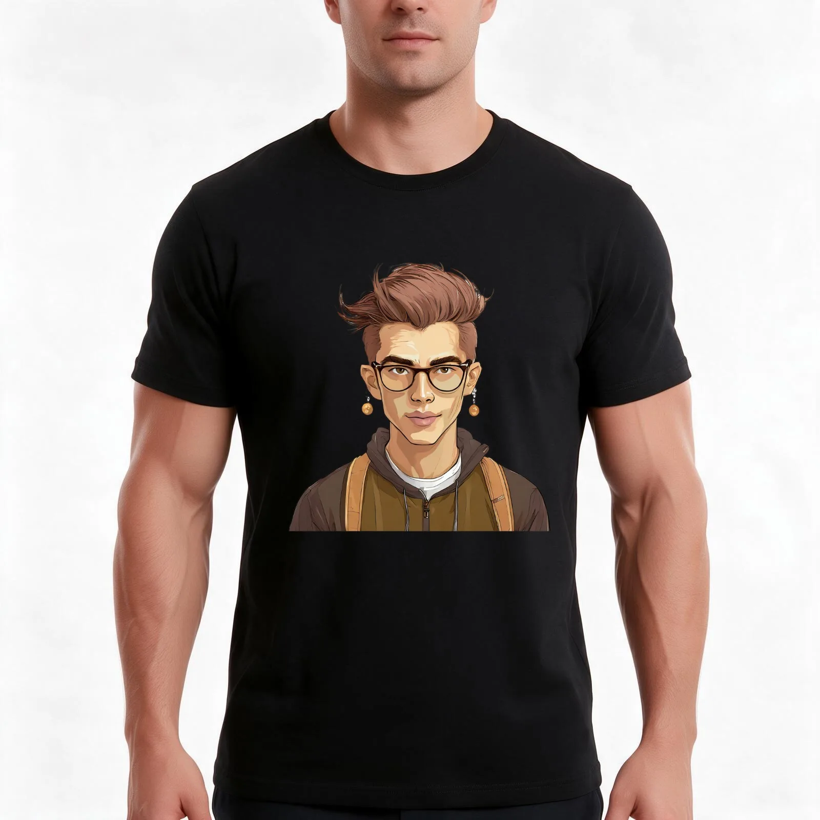 Illustration: Man with glasses and earrings T-Shirt, Summer Casual Cotton Tee, Oversized Streetwear Tops, Vintage Graphic Print