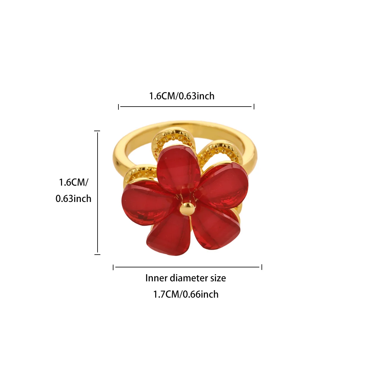 Niedlicher drehbarer Ring mit Blumenmuster aus Harz für Damen, goldfarben, Kupfer, drehbare Blume, offener Manschettenring, trendiger Party-Schmuck – Detail 5