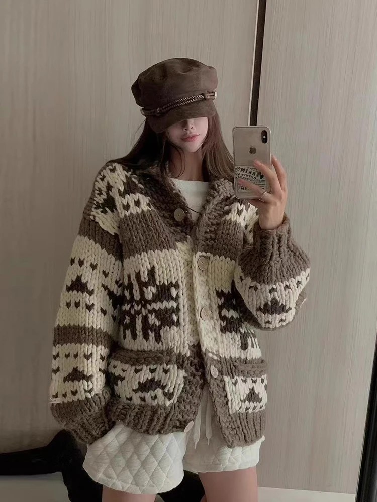 

Chic Autumn Winter Loose Long Sve Sweater Jaet Women's plus Size Retro Color Blo Knitwear Outerwear Comfortable Fit