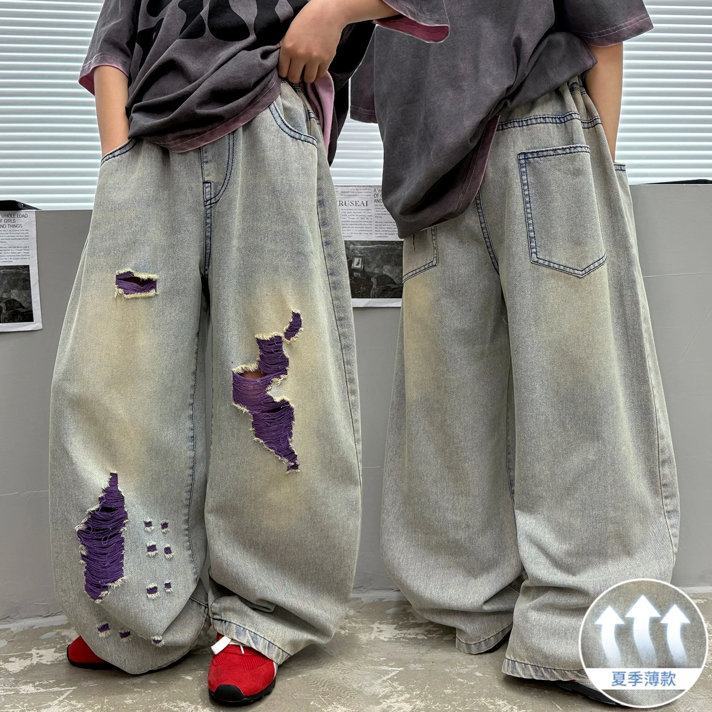 

Vintage Hole Denim Jeans for Boys Ages 6-14 Loose Long Trousers Spring Autumn StreetWear Daily Pants for Tweens And Toddler Boys