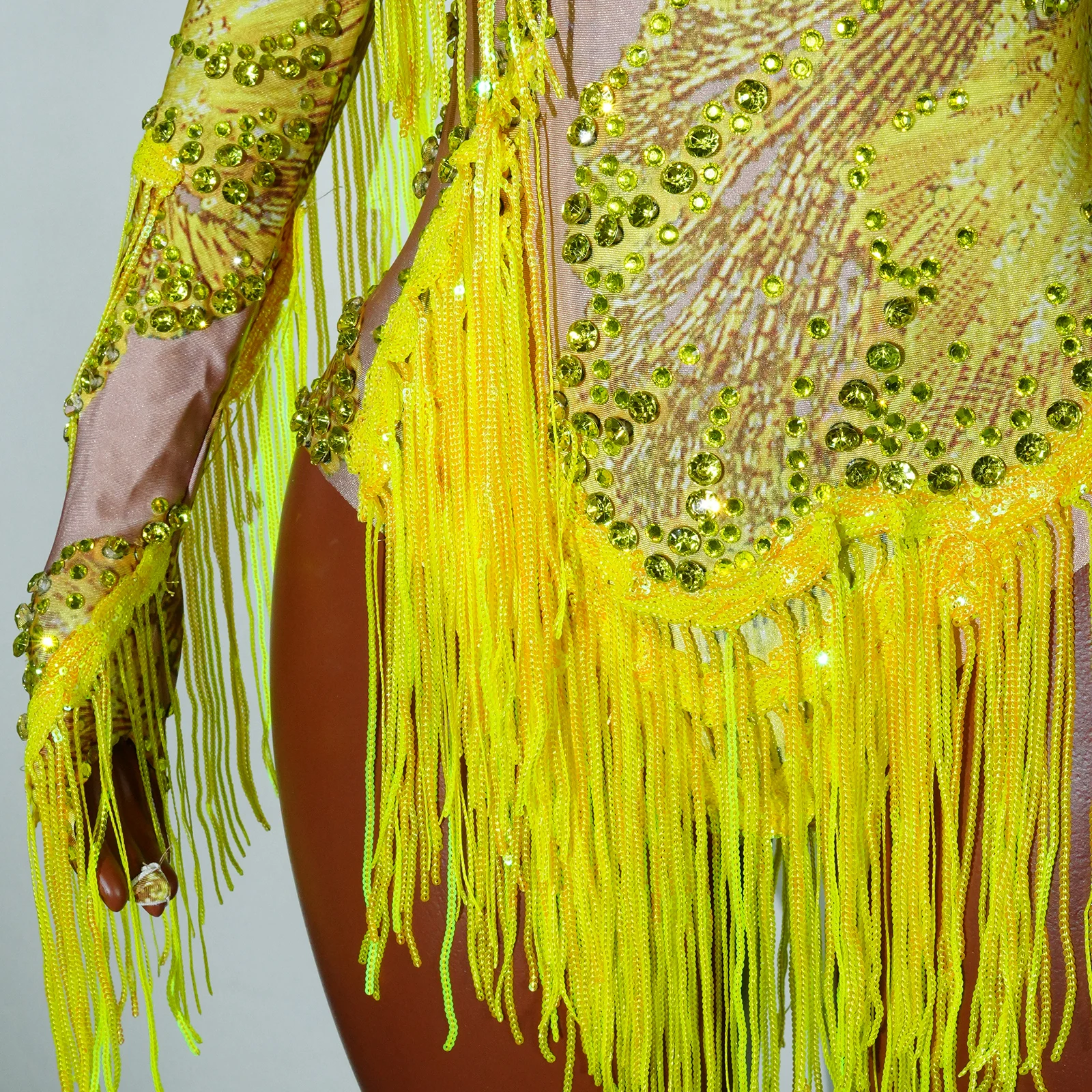 Body de diosa amarilla para mujer, cuello alto, manga única, diamantes de imitación, lentejuelas, Drag Queen, Cabaret, disfraz de escenario actuación en club nocturno