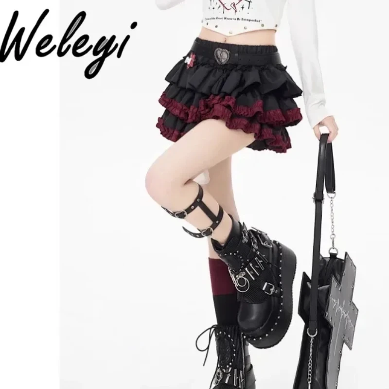 

Jirai Kei Gothic Style Women's Belted Short Skirt 2024 Summer New Kawaii Fashion Dark Steampunk Anti Glare Pleated Cake Skirts