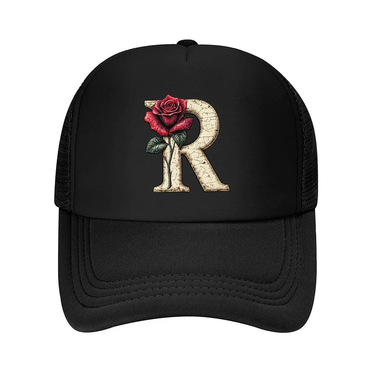 Vintage Rose Letter R Floral Monogram Design Mesh Baseball Cap Hip Hop