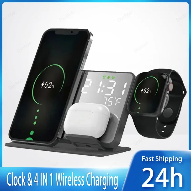 

Беспроводная зарядная станция 4-в-1 с будильником и подставкой для быстрой зарядки iPhone 17, 16, 15, 14, 13, Apple Watch, Samsung S23, S22, Galaxy, Airpods