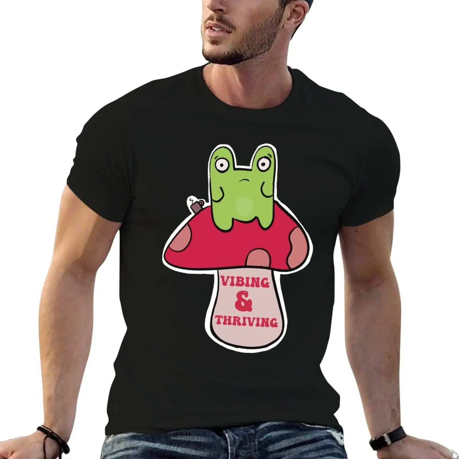 T-shirt Vibing and Thriving Frog with coffee, t-shirts drôles, t-shirts à humour noir pour homme, pack de t-shirts en coton