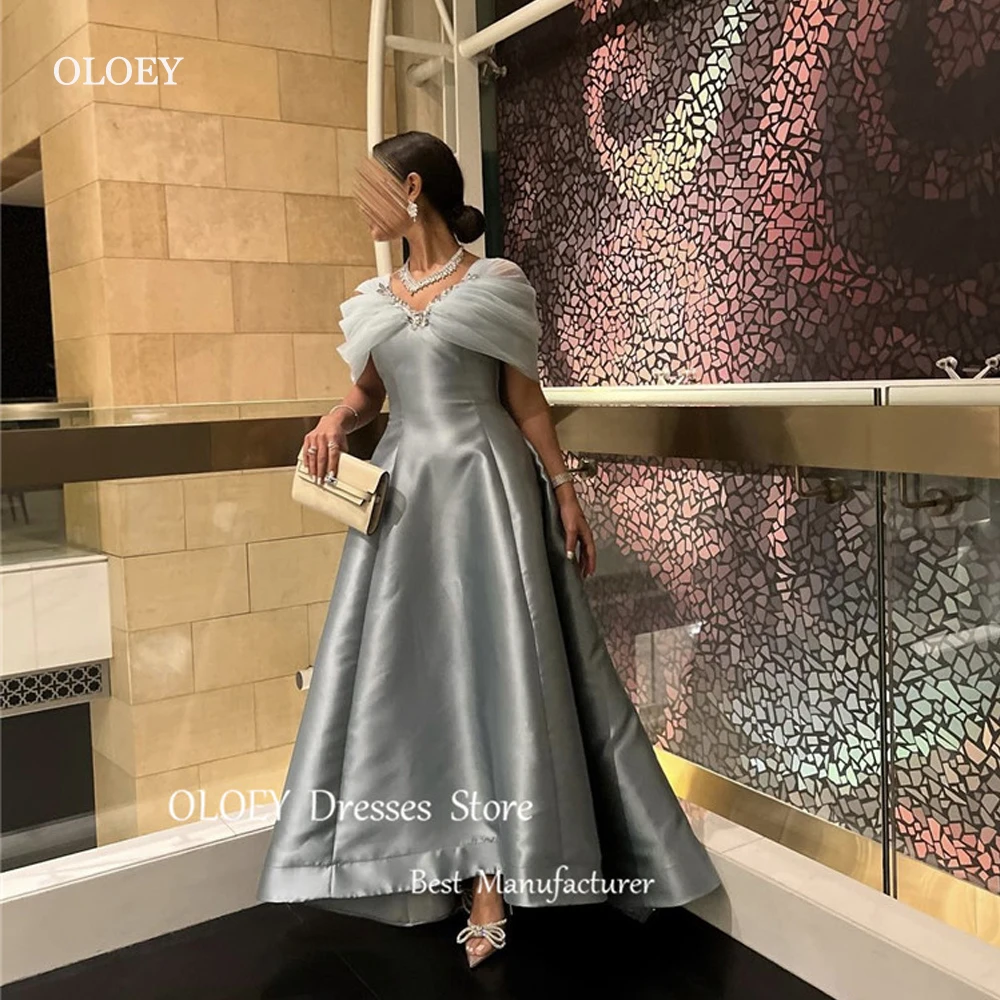 

OLOEY Saudi Arabic Women Pale Satin Beads A Line Evening Dresses Cap Sleeves Tulle Satin Vintage Prom Gowns Formal Party Dress