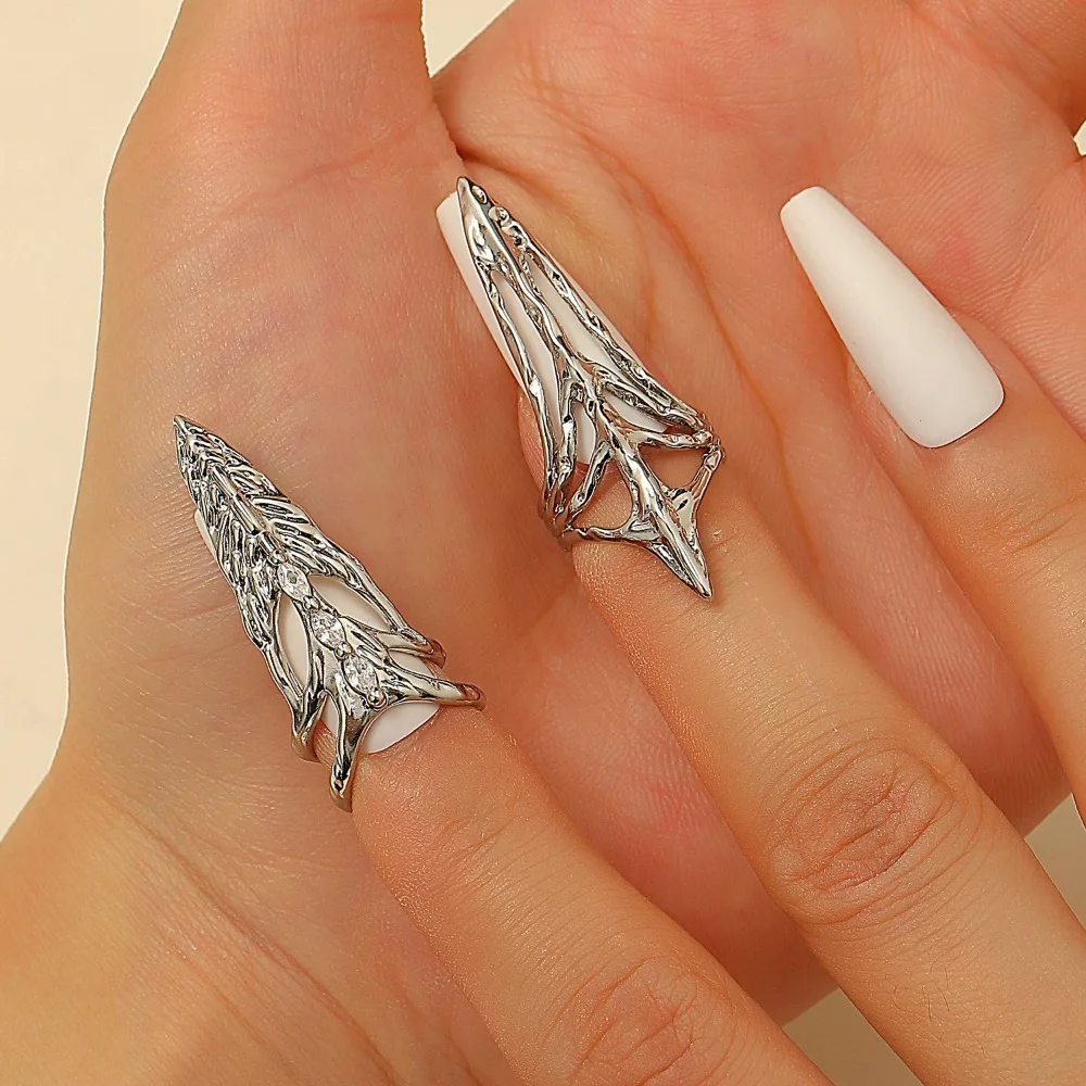 Gothic Punk Inlay Zircon Geometry Fingernail Opening Ring for Women Personality Stainless Steel Nail Covers Joint Ring Jewelry