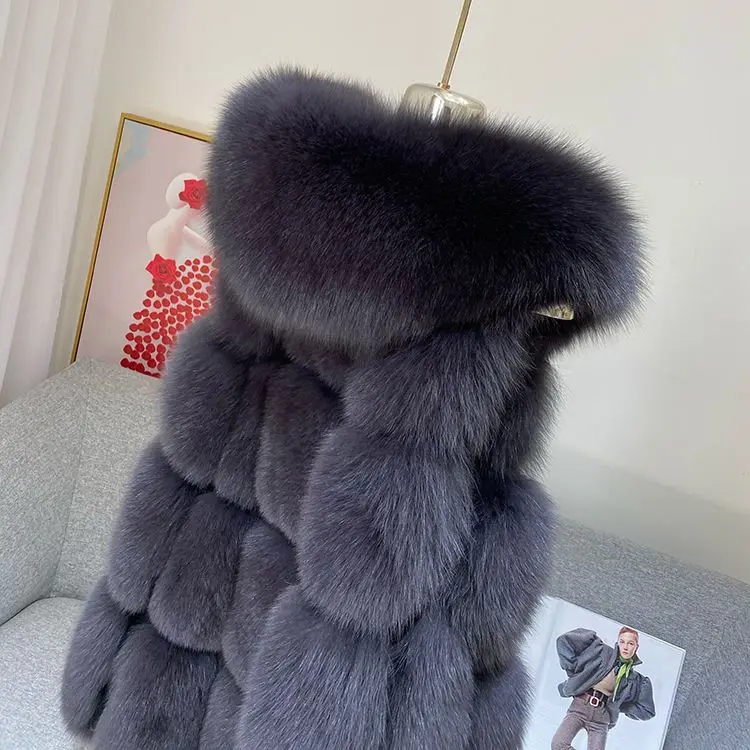 2023 Autumn/Winter New Haining Fox Fur Grass Tank Top Women's Mid length Hooded A-line Edition Cotton Vest Coat