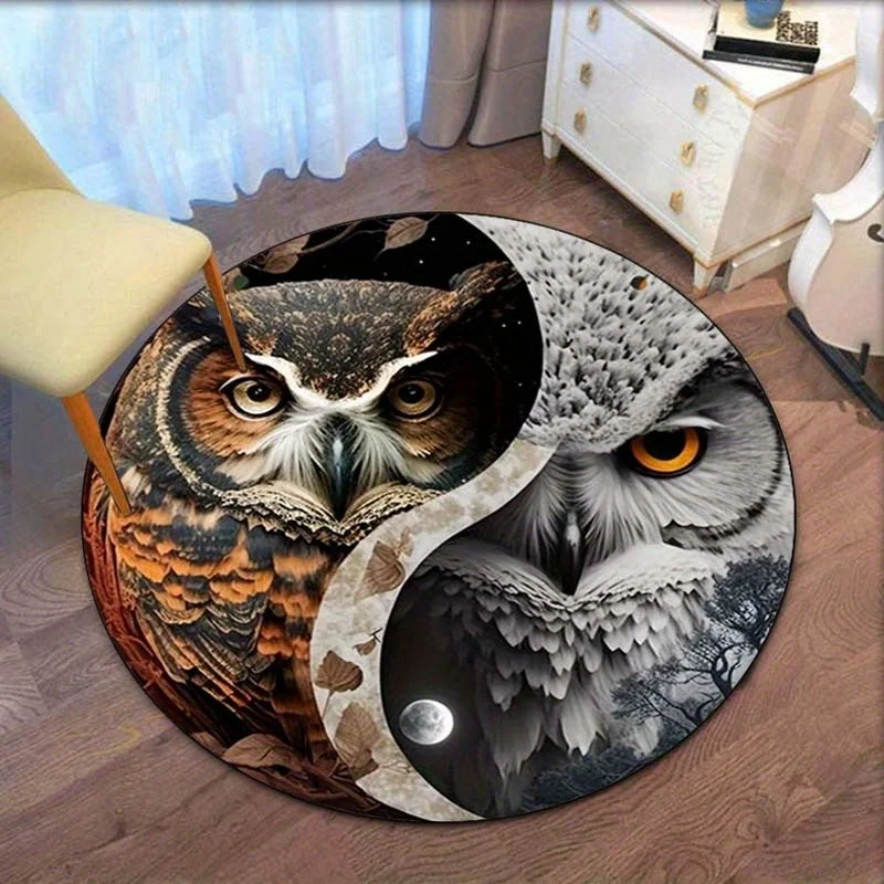 Yin Yang Owl Round Rug Crystal Velvet Dual Owl Design Spiritual Balance Floor Mat Zen Meditation Art Home Decor Carpet