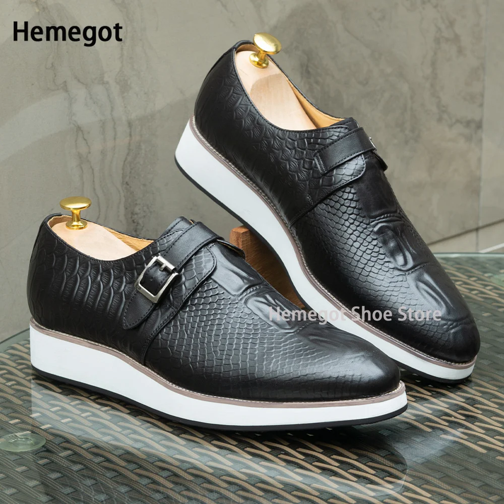 

Black Alligator Print Thick Soled Casual Shoes Men's Breathable Elevated Leather Shoes Handmade Single-Buckle Men's Shoes